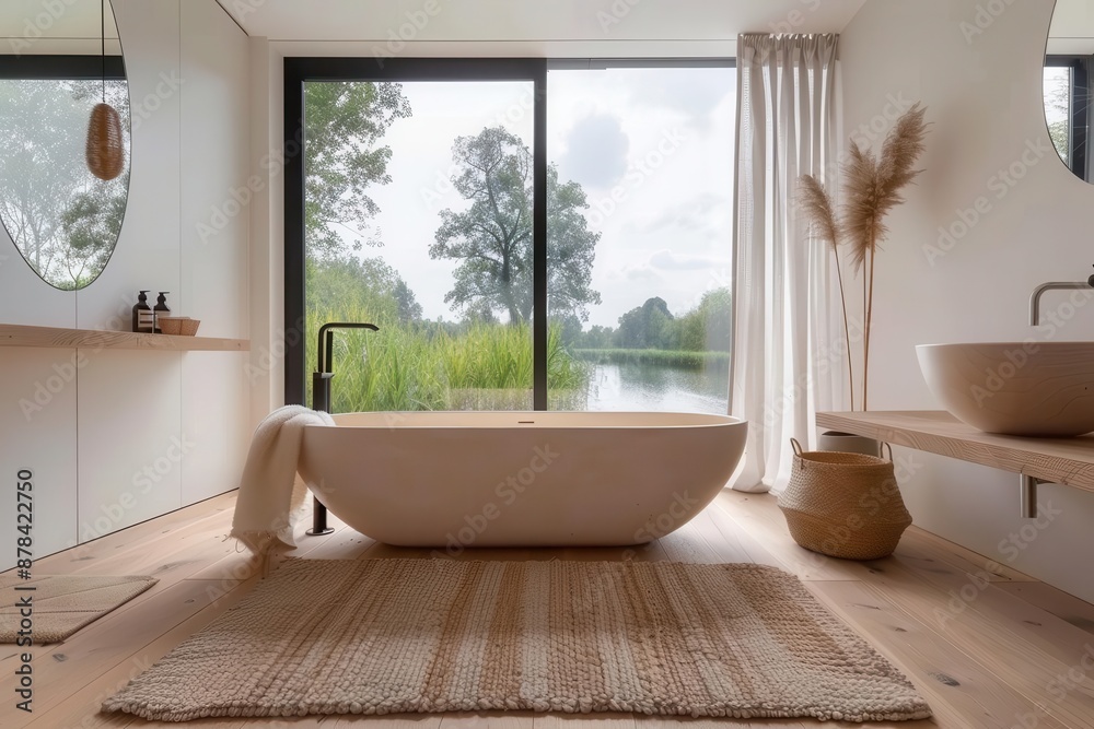 Fototapeta premium serene minimalist bathroom expansive white walls warm wooden floors freestanding oval bathtub large window with nature view plush area rug sleek fixtures zenlike atmosphere