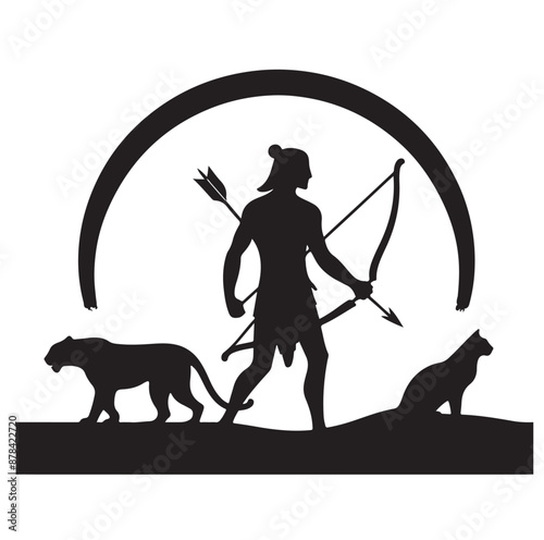 Silhouette of an ancient cavalry soldier aiming with archery weapon
