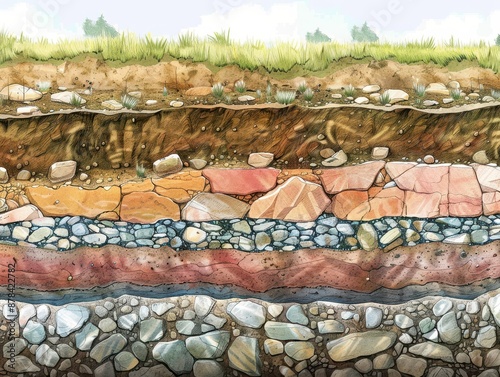 A cross-sectional view of soil and rock layers, with visible underground water, showcasing different strata and textures