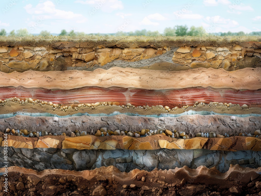 A detailed cross-section of soil and rock layers, showing underground ...