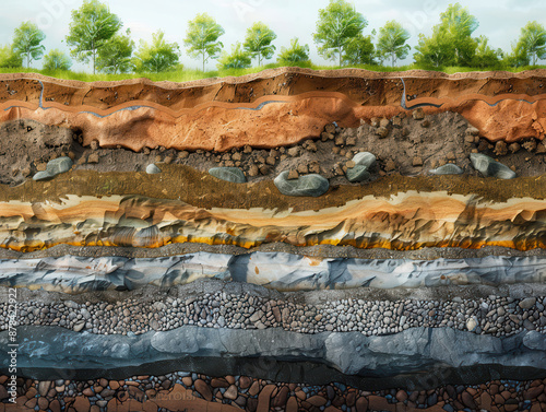 A detailed cross-section of soil and rock layers, showing underground water flow, with clear demarcation of each layer