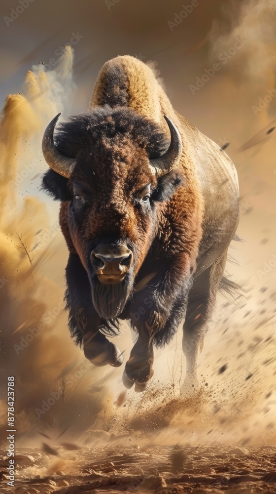 Fototapeta premium Charging bison kicks up dust in a vast landscape, embodying the wild spirit of the american west