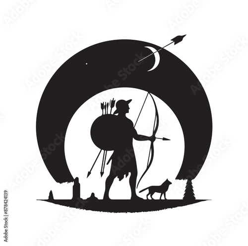 Silhouette of an ancient cavalry soldier aiming with archery weapon