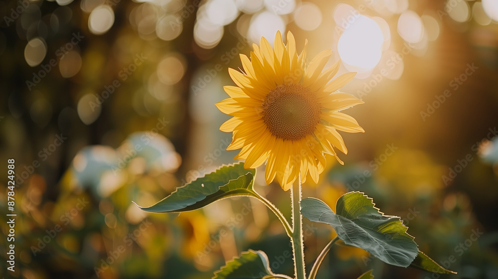 Naklejka premium a large sunflower in the field at sunset, close up