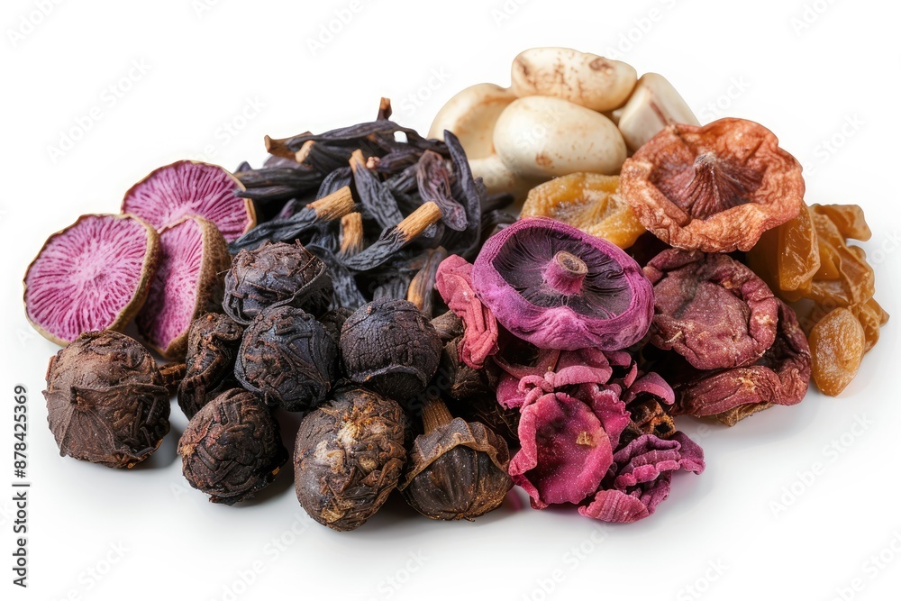 Colorful and diverse collection of natural botanical ingredients and spices on a white background