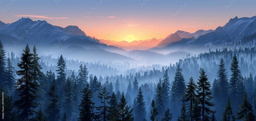 Naklejka premium Sunrise over misty mountain forest.