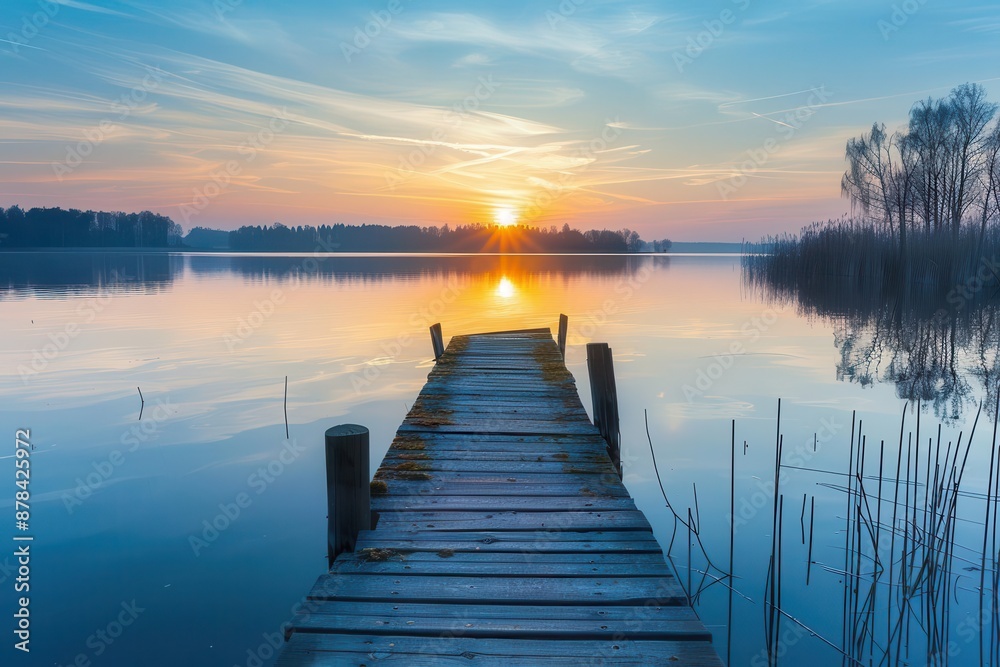 Naklejka premium serene sunrise at the tranquil lakeside dock nature landscape