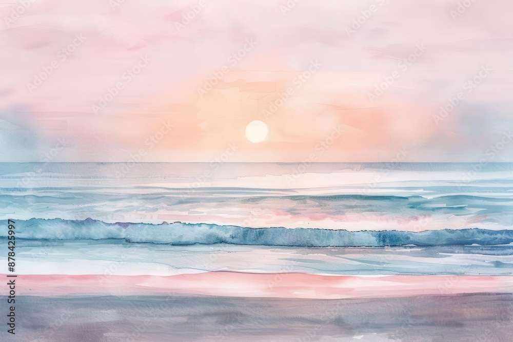 Obraz premium serene sunrise meditation on pristine beach minimalist aesthetic with pastel sky and calm sea watercolor illustration