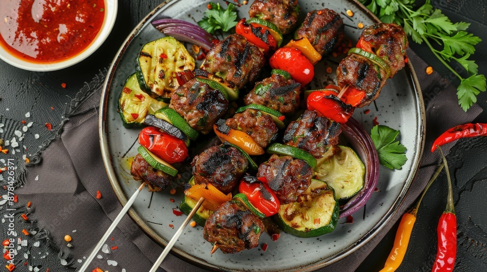 Tasty Kofta Kebab with Grilled Vegetables and Sauce