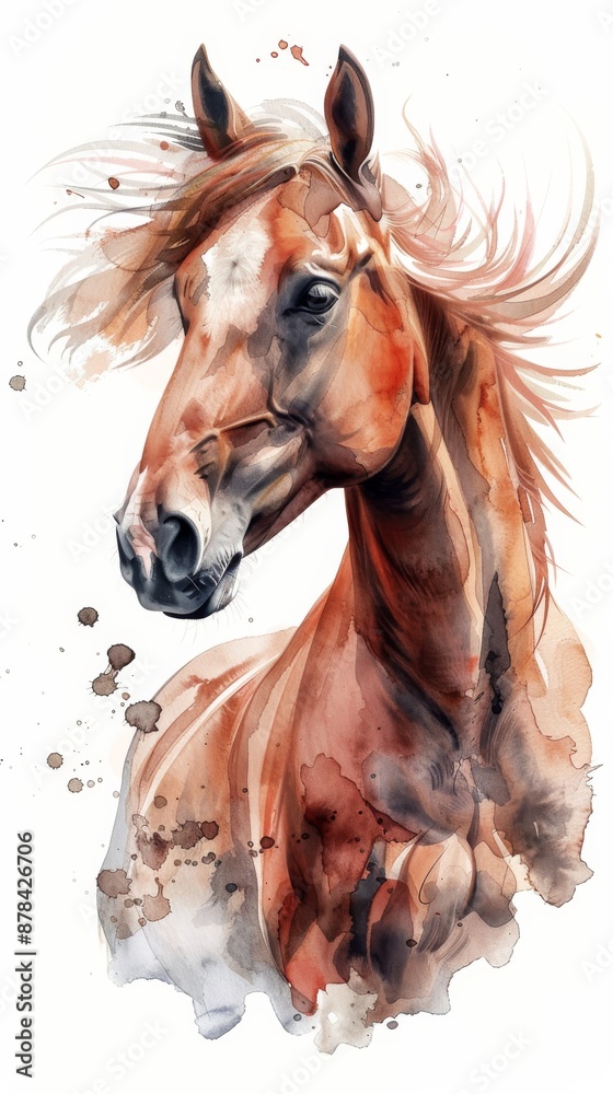 Majestic brown horse with a flowing mane is depicted in this watercolor painting, capturing the animal's grace and power Majestic brown horse with a flowing mane is depicted in this watercolor painting, capturing the animal's grace and power