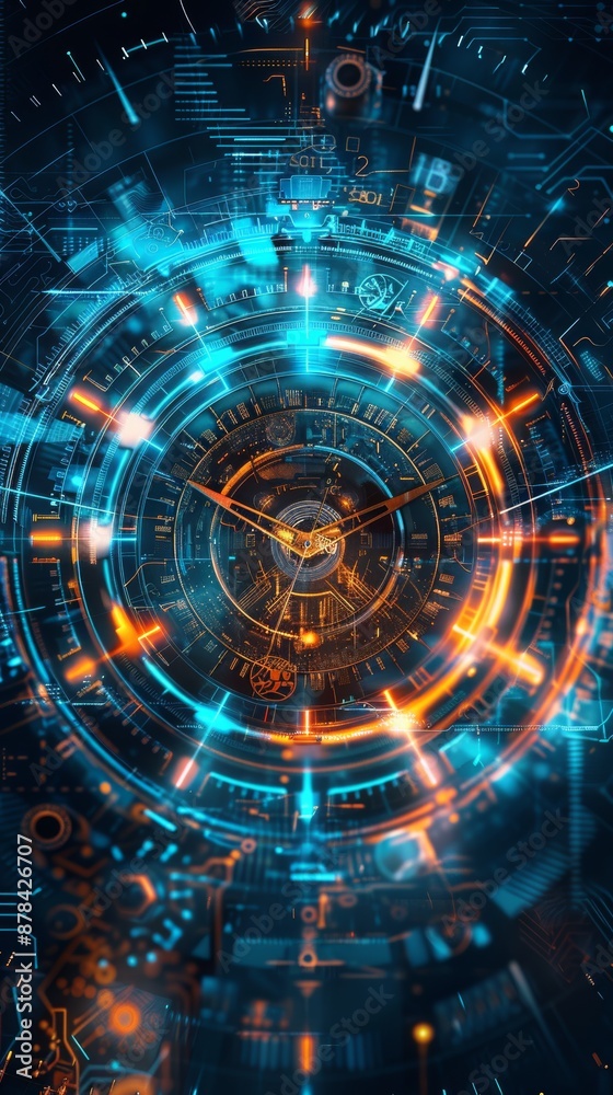 Fototapeta premium Clock hands moving on clock face surrounded by digital data and computer code representing the concept of time moving forward in the digital world