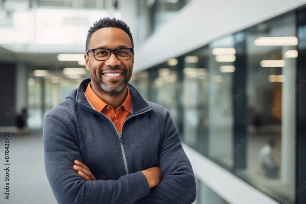 Portrait of a cheerful afro-american man in his 40s wearing a zip-up fleece hoodie on sophisticated corporate office background Portrait of a cheerful afro-american man in his 40s wearing a zip-up fleece hoodie on sophisticated corporate office background