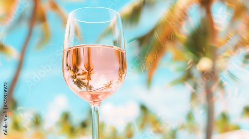 wine glass filled with rosé, capturing a reflection of palm trees and a clear blue sky in the glass, creating a tropical vacation vibe