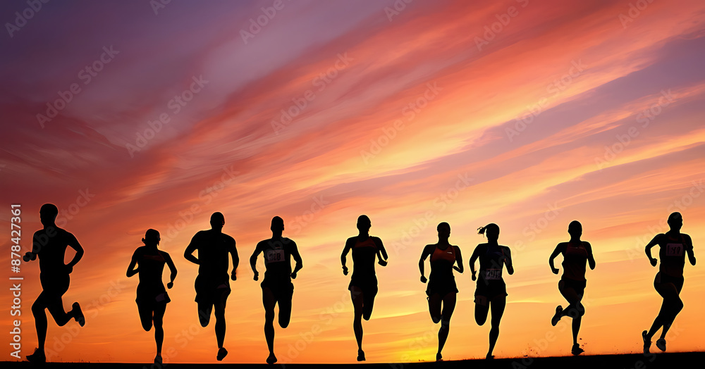 Fototapeta premium close up runners on a track at sunset, their silhouettes outlined against the colorful sky