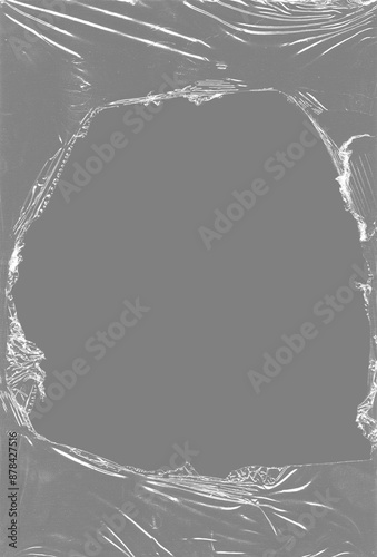 Cover polyethylene packaging with torn effect. Wrinkled and hole warp overlay mockup. Realistic plastic transparent film wrap. Texture broken vinyl bag package cover. 