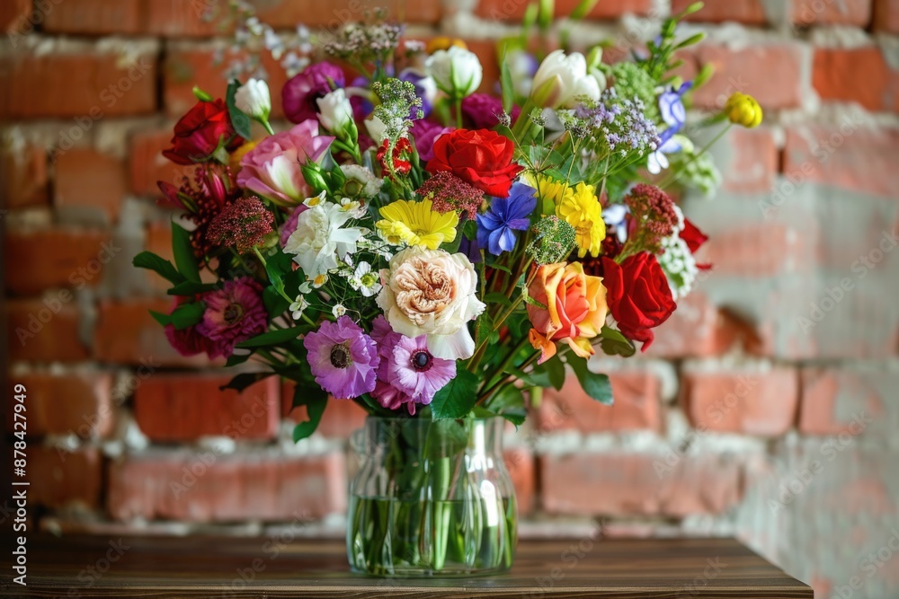Fototapeta premium Flowers on Table. Beautiful Blossom Bouquet in Vase Against Brick Wall Background