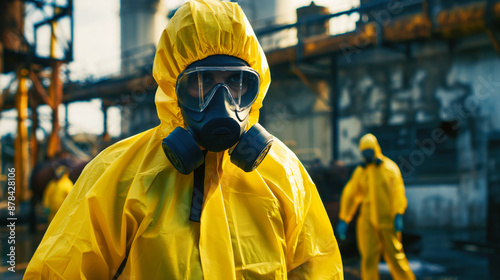 Worker in a protective yellow hazmat suit and gas mask at an industrial site