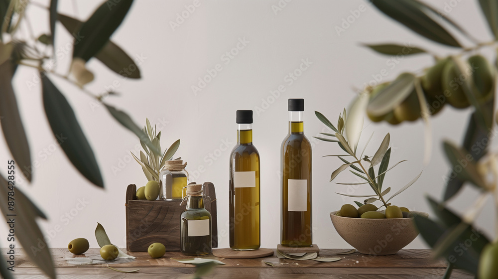 Glass bottles containing rich olive oil Glass bottles containing rich olive oil