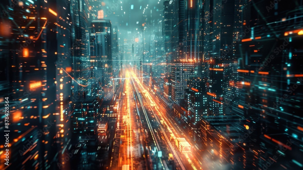 Future logistics AI-powered route optimization, showcasing advanced mapping technology in a futuristic cityscape, emphasizing efficient and quick deliveries. Future logistics AI-powered route optimization, showcasing advanced mapping technology in a futuristic cityscape, emphasizing efficient and quick deliveries.