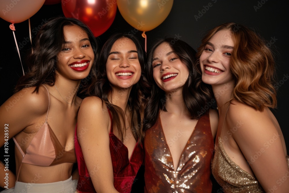 A lively party scene featuring four smiling women, radiating happiness and joy, with colorful balloons in the background against a dark backdrop A lively party scene featuring four smiling women, radiating happiness and joy, with colorful balloons in the background against a dark backdrop