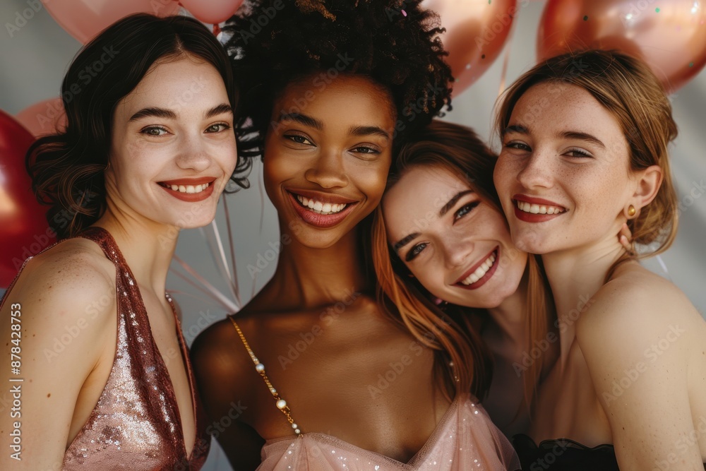 Close-up portrait of four smiling women of diverse ethnic backgrounds, celebrating together with pink balloons and a festive atmosphere Close-up portrait of four smiling women of diverse ethnic backgrounds, celebrating together with pink balloons and a festive atmosphere