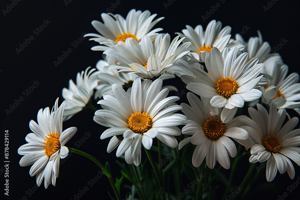 Obraz premium A bouquet of fresh white daisies with yellow centers against a black background symbolizing simplicity and natural beauty