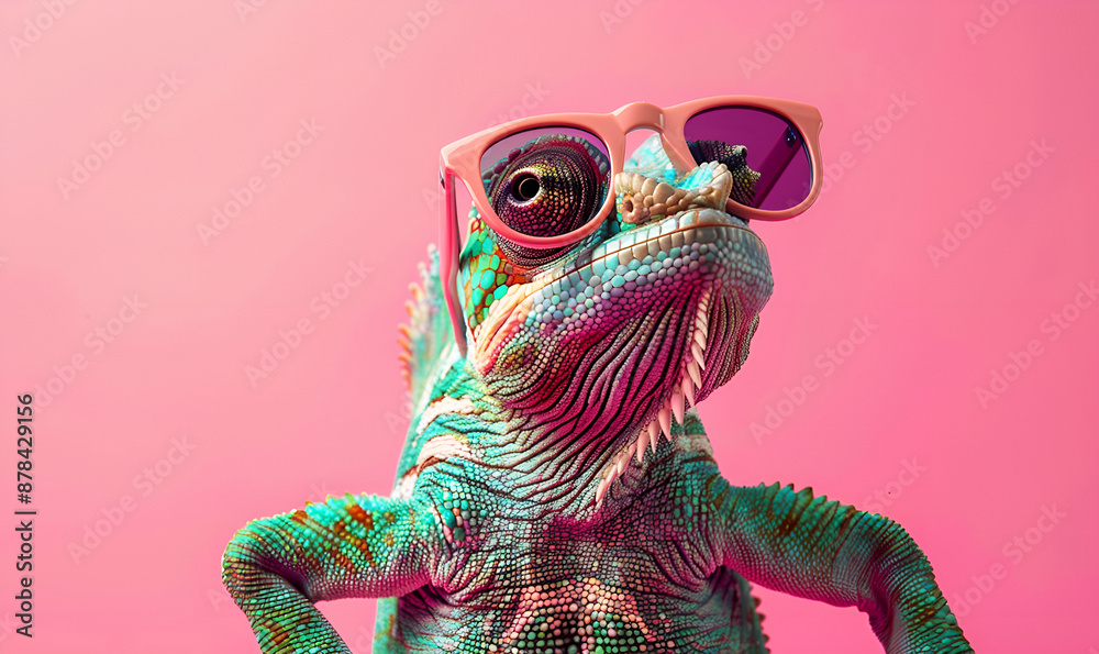 Colorful chameleon lizard in stylish pink glasses posing on matching pink background, trendy and vibrant fashion accessory concept for beauty and art enthusiasts Colorful chameleon lizard in stylish pink glasses posing on matching pink background, trendy and vibrant fashion accessory concept for beauty and art enthusiasts