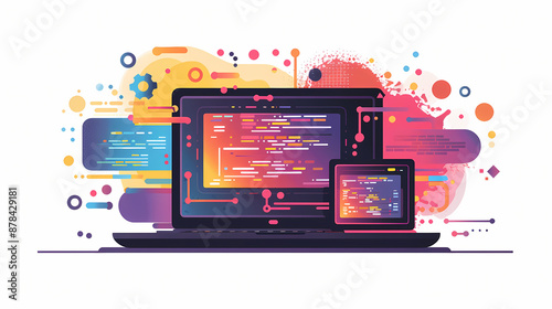 Colorful abstract representation of programming code on laptop and tablet screens, symbolizing modern technology and coding.