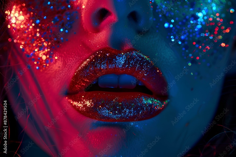 close up of lips, front view portrait of beautiful woman with colorful glitter on face in neon light , beauty fashion concept close up of lips, front view portrait of beautiful woman with colorful glitter on face in neon light , beauty fashion concept
