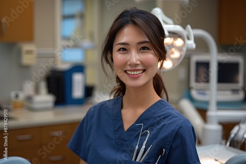 An asian dentist in a blue scrubs is smiling and holding dental instruments