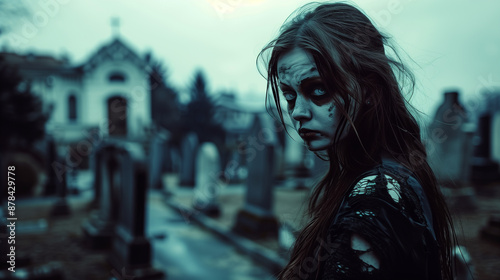 Zombie girl in a cemetery. Close-up portrait of a horrible scary zombie girl. Horror. Halloween.