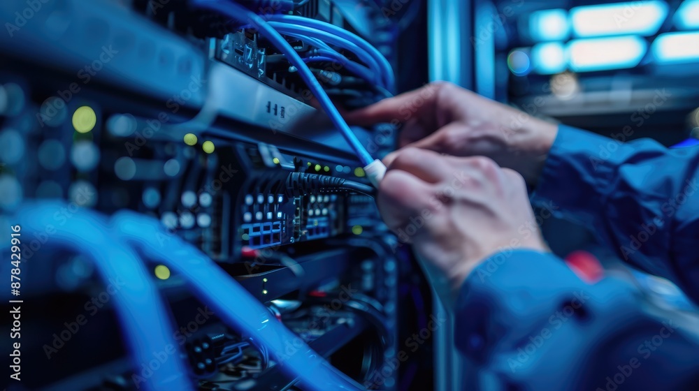 Naklejka premium A close-up of a technician installing a network