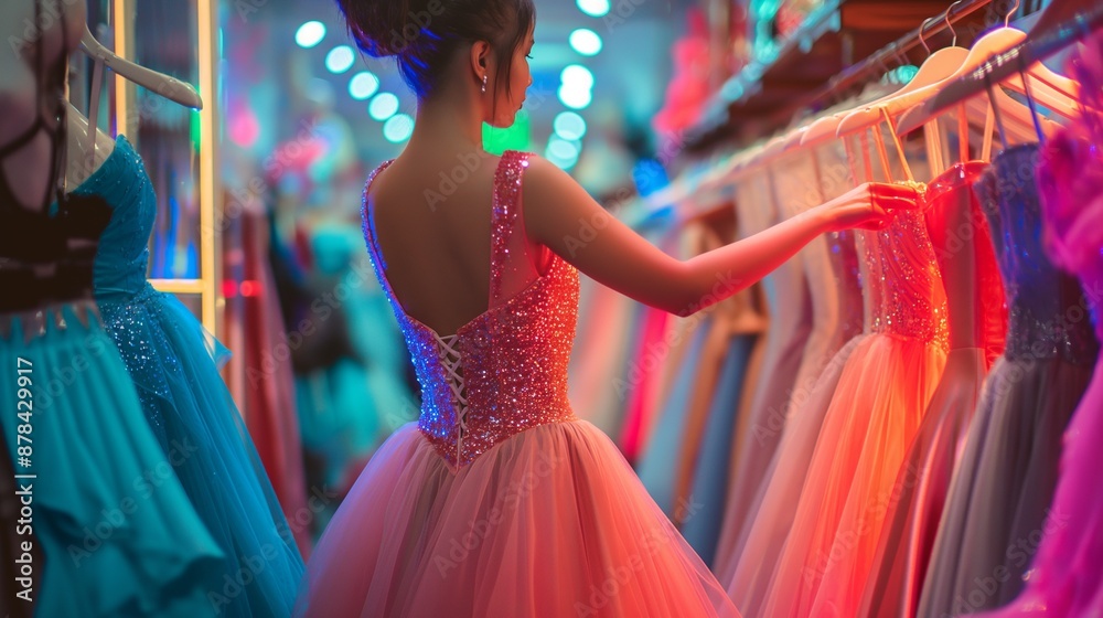 Elegant Woman Trying on Sparkling Dresses at a Boutique Elegant Woman Trying on Sparkling Dresses at a Boutique