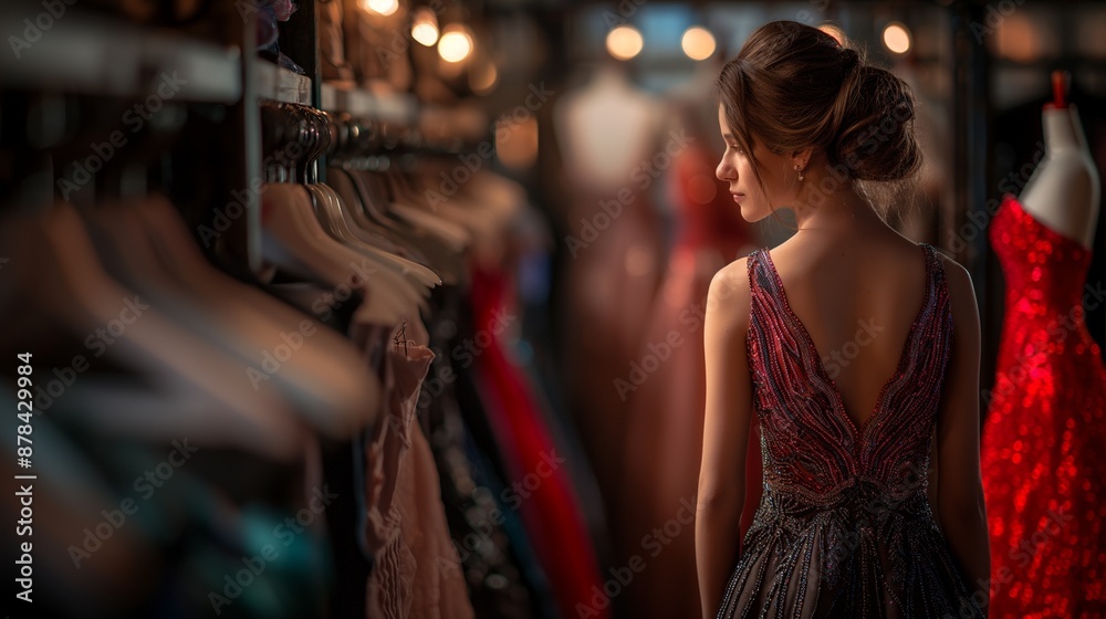 Elegant Woman Browsing Evening Dresses in Boutique Shop Elegant Woman Browsing Evening Dresses in Boutique Shop