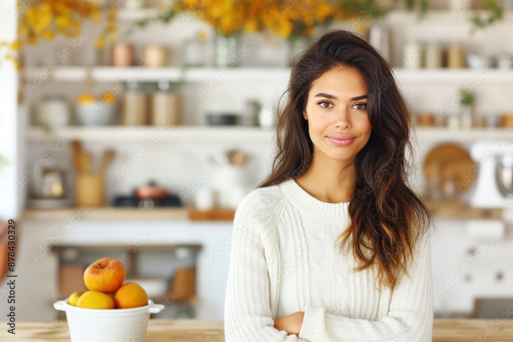 Confident Young Woman in Modern Kitchen Interior Confident Young Woman in Modern Kitchen Interior