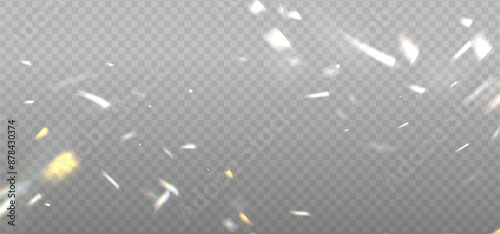 White light flares with transparent sparkle effects. Iridescent crystal glare lenses reflection effect. Optical rainbow lights, glare, leak, streak overlay. Sparkling vector falling confetti.