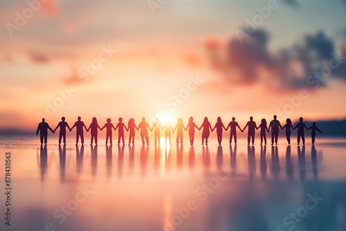 Serene Sunset Unity - Silhouetted Figures Holding Hands on Beach