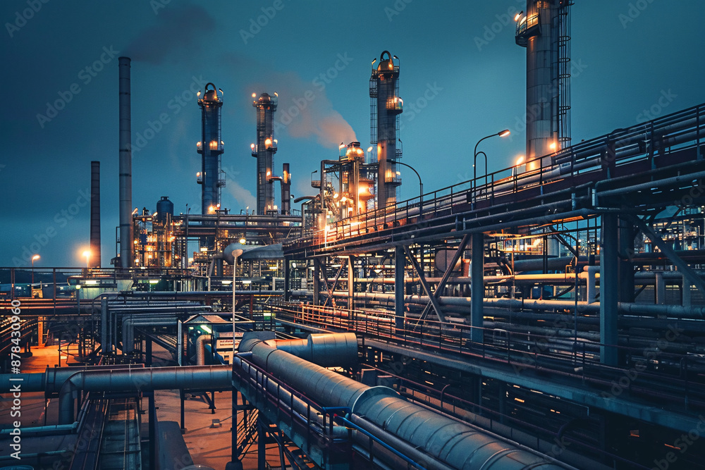 A night view of an industrial refinery with illuminated pipes and towers against a dark sky A night view of an industrial refinery with illuminated pipes and towers against a dark sky