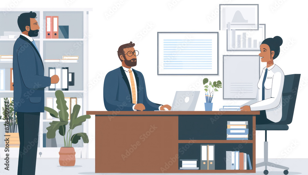 In an office setting, a gathering of business professionals is taking place, likely for a meeting In an office setting, a gathering of business professionals is taking place, likely for a meeting