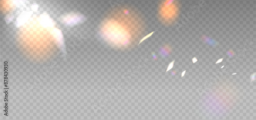 Abstract refraction glow and bokeh effect. Warm crystal light leak flare reflection effect. Transparent refraction background. Vector overlay for summer sun effect.