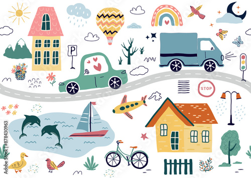 a modern seamless pattern,with hand drawn cars, signs, roads,  a tree. A cartoon element isolated on a white background. for print, children, paper, print. vector illustration in the style art