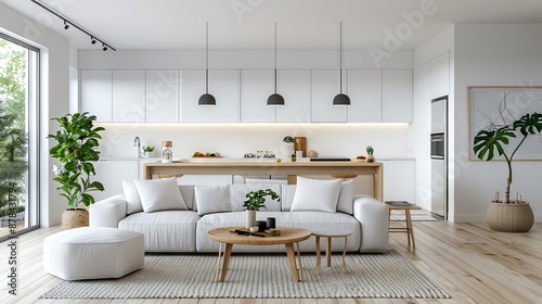 Modern open concept living room and kitchen with white and wood accents.