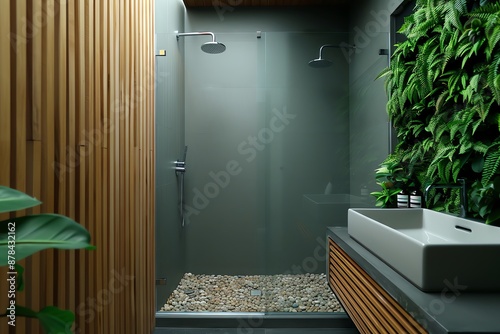 Modern bathroom with pebble shower floor, wooden wall, green plants and concrete sink.