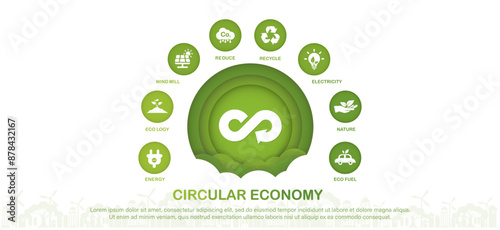 The concept circular economy,recycle, environment, Sustainable industry with wind turbines and solar panels. Green energy vector illustration.