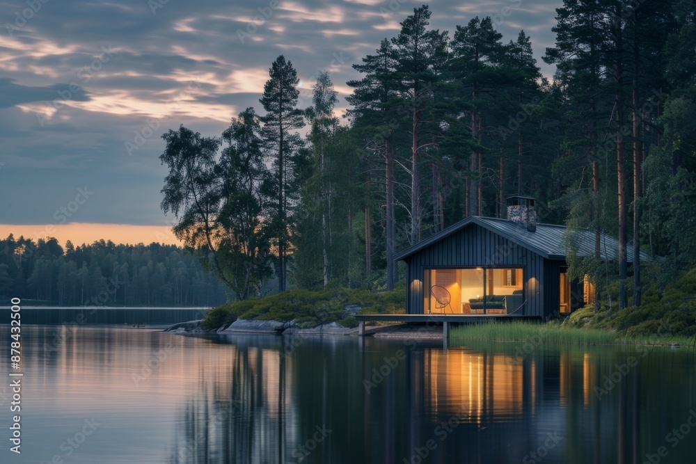 Fototapeta premium Cabin by the Lake at Sunset.