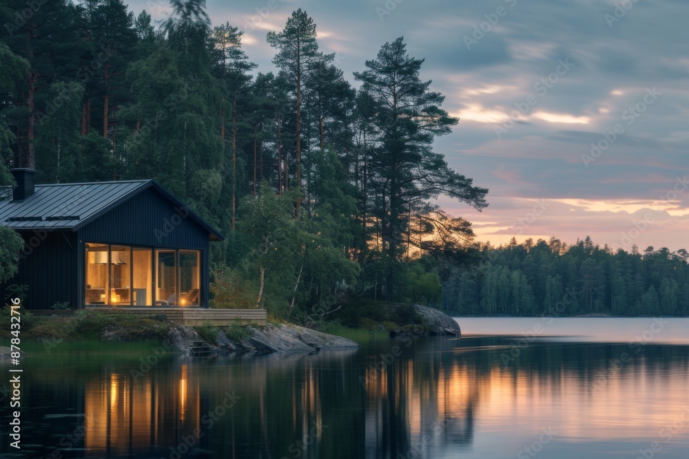 Fototapeta premium Cozy Cabin on a Tranquil Lake at Sunset.
