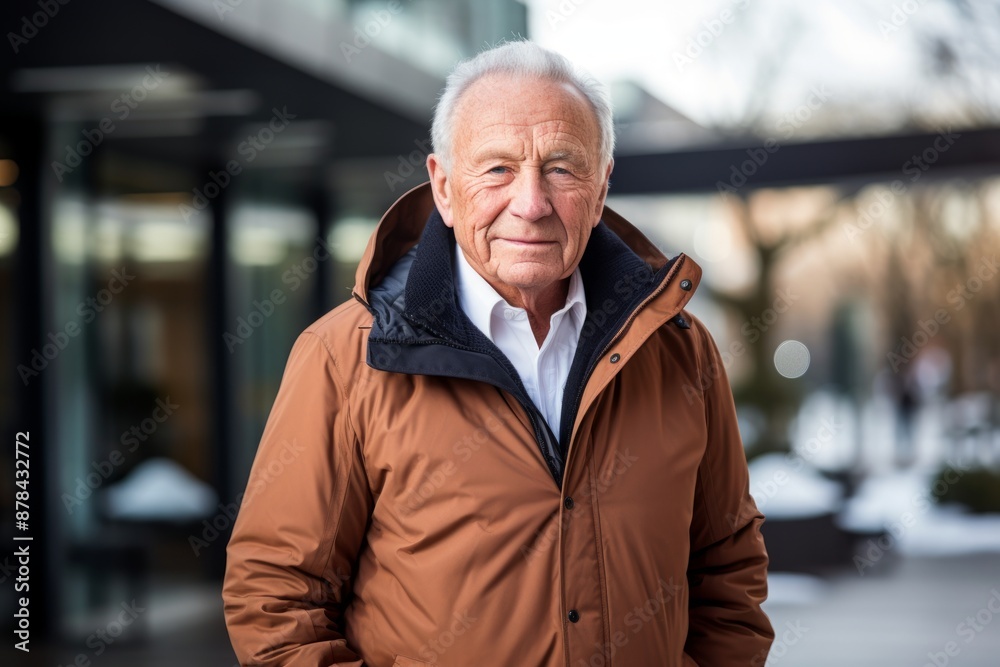 Portrait of a satisfied man in his 70s donning a durable down jacket while standing against sophisticated corporate office background Portrait of a satisfied man in his 70s donning a durable down jacket while standing against sophisticated corporate office background