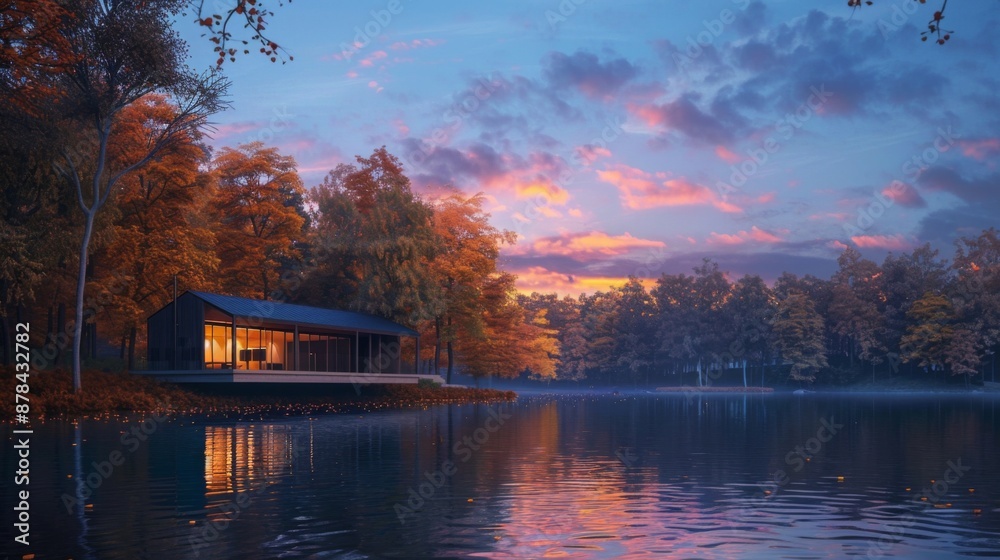 Fototapeta premium Modern cabin by the lake at dusk.