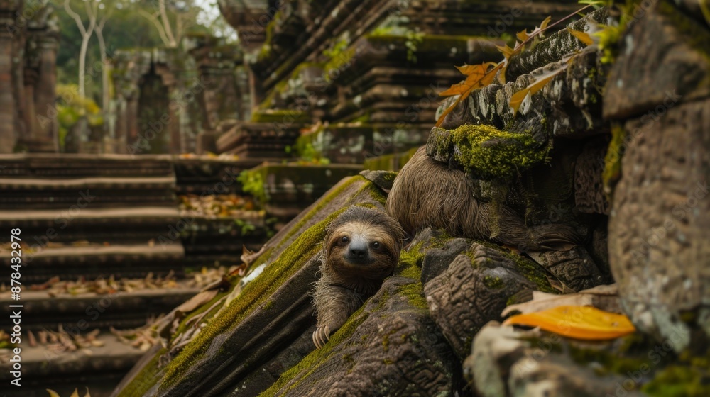 A sloth exploring ancient ruins, with vines and moss-covered stones A sloth exploring ancient ruins, with vines and moss-covered stones
