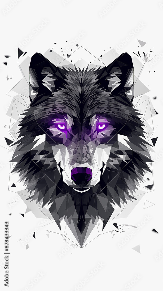 Fototapeta Geometric black wolf with glowing purple eyes in a modern digital illustration.
